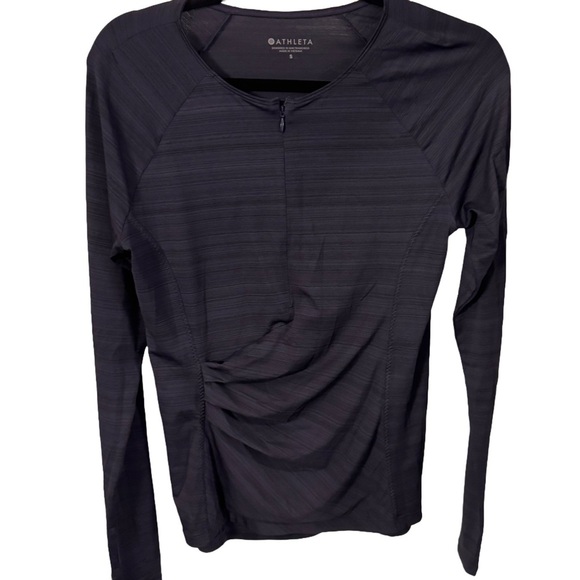 ATHLETA WOMENS BLACK 1/4 ZIP TOP THUMBHOLE RUCHED LONG SLEEVE SIZE S - Picture 1 of 9